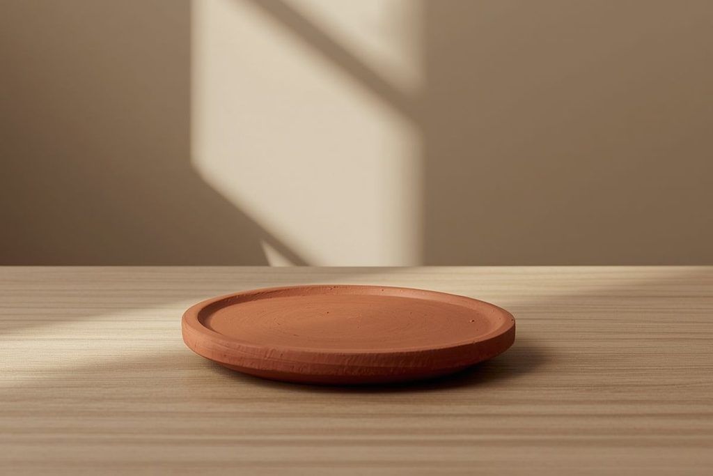 A smooth round disc of reddish-brown clay for earth kasina meditation