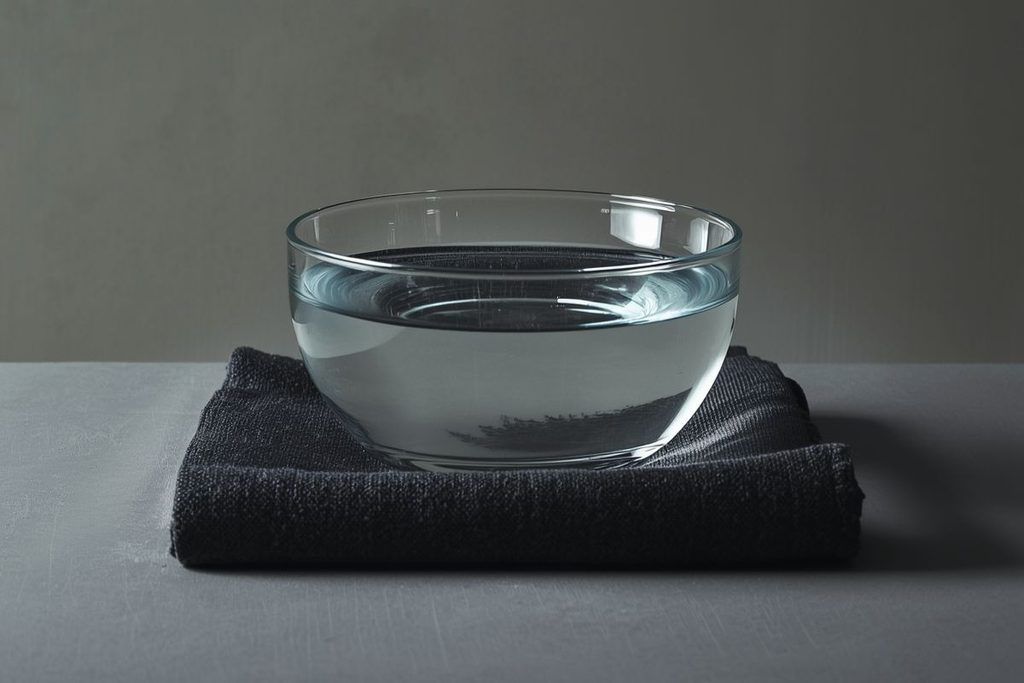 A clear glass bowl of still water for water kasina meditation